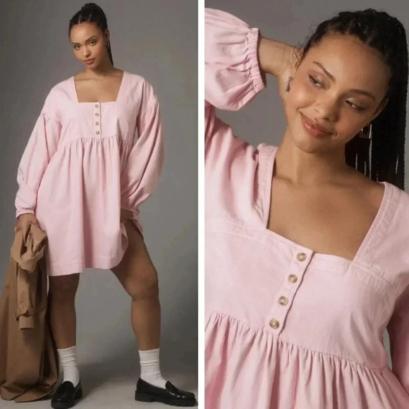 NEW Anthropologie Long-Sleeve Square-Neck Denim Babydoll Mini Dress Pink Preppy - Picture 1 of 8